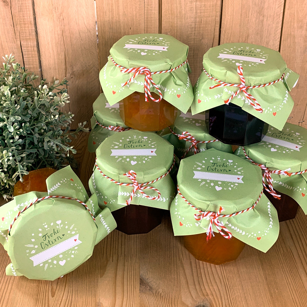 25 Marmeladendeckchen - Frohe Ostern | Gläserdeckchen GRÜN für Marmelade & Einmachgläser | Recyclingpapier Abreißblock + 10 m Garn + Justiergummi