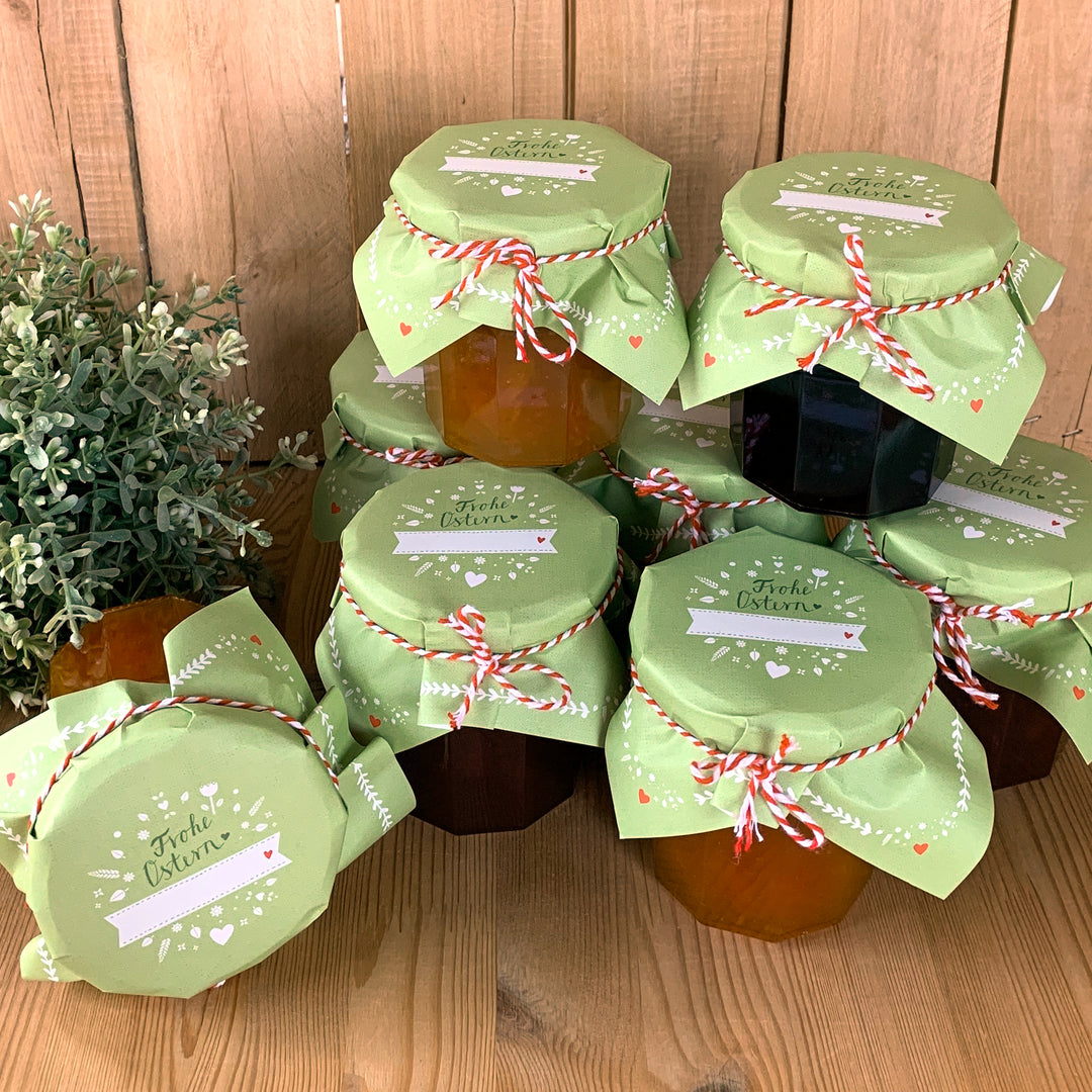 25 Marmeladendeckchen - Frohe Ostern | Gläserdeckchen GRÜN für Marmelade & Einmachgläser | Recyclingpapier Abreißblock + 10 m Garn + Justiergummi