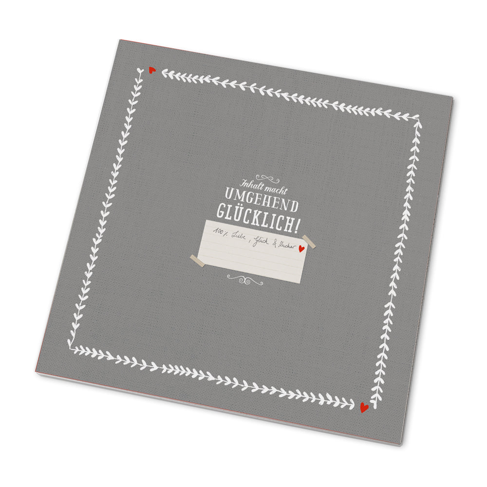 25 Marmeladendeckchen - umgehend Glücklich | Gläserdeckchen Grau Weiß für Marmelade & Einmachgläser | Recyclingpapier Abreißblock + 10 m Garn + Justiergummi