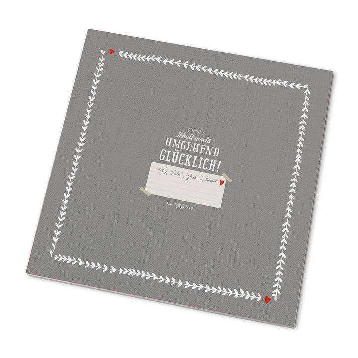 25 Marmeladendeckchen - umgehend Glücklich | Gläserdeckchen Grau Weiß für Marmelade & Einmachgläser | Recyclingpapier Abreißblock + 10 m Garn + Justiergummi