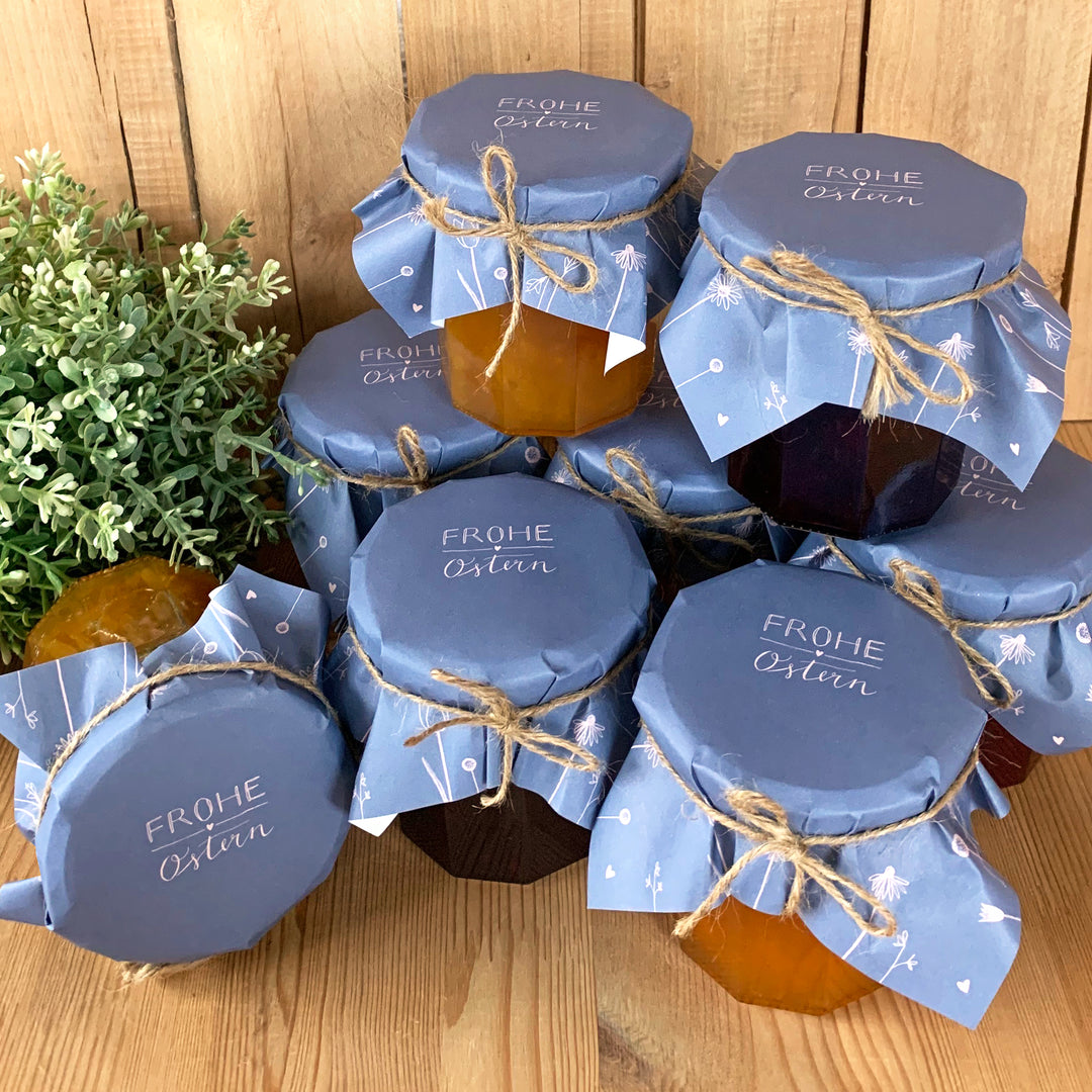 25 Marmeladendeckchen - Frohe Ostern | Gläserdeckchen blau für Marmelade & Einmachgläser | Recyclingpapier Abreißblock + 10 m Jute Garn + Justiergummi