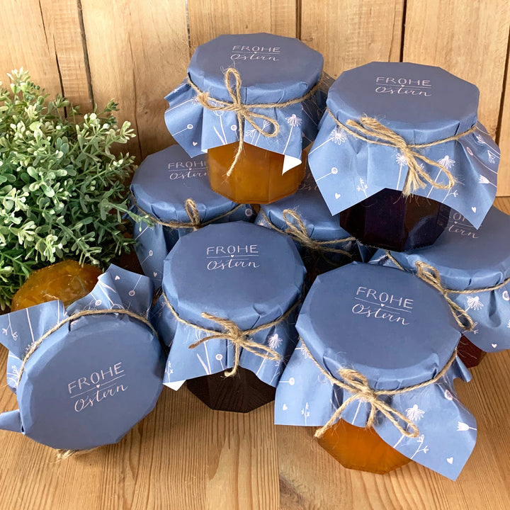 25 Marmeladendeckchen - Frohe Ostern | Gläserdeckchen blau für Marmelade & Einmachgläser | Recyclingpapier Abreißblock + 10 m Jute Garn + Justiergummi
