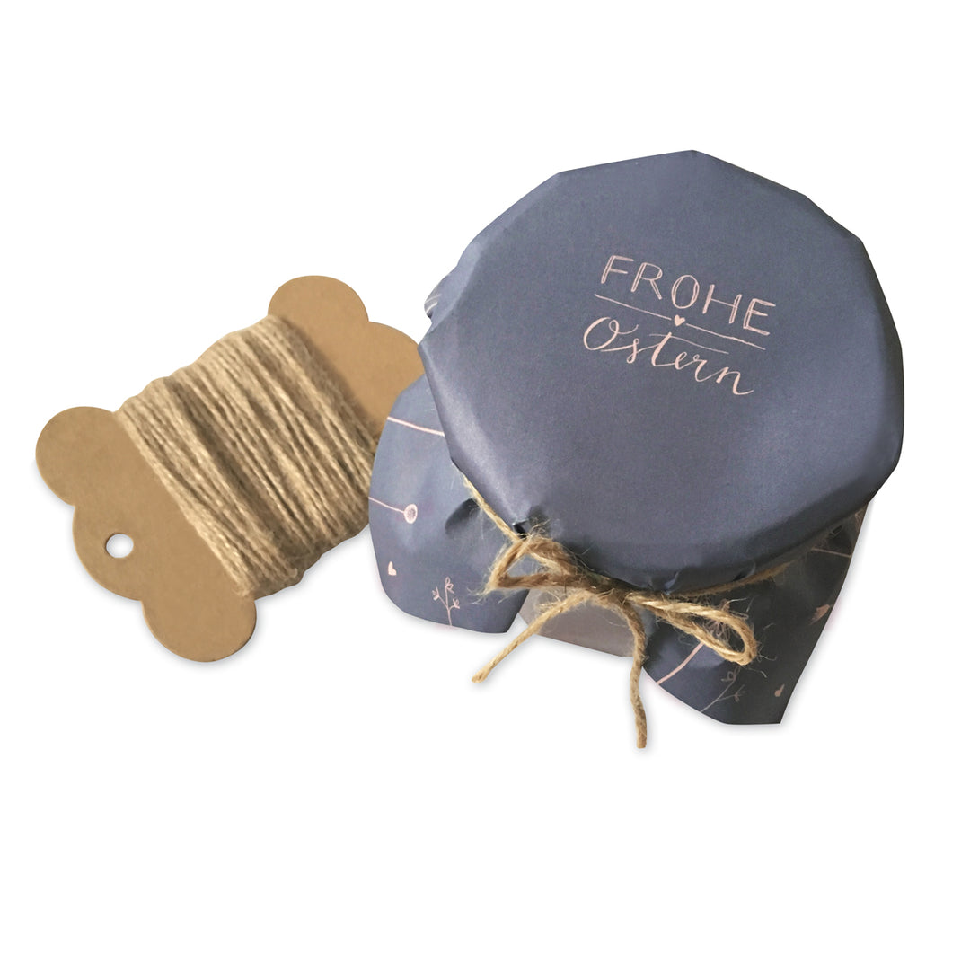 25 Marmeladendeckchen - Frohe Ostern | Gläserdeckchen blau für Marmelade & Einmachgläser | Recyclingpapier Abreißblock + 10 m Jute Garn + Justiergummi