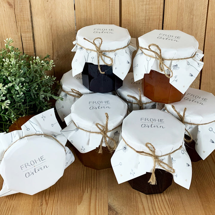 25 Marmeladendeckchen - Frohe Ostern | Gläserdeckchen Weiß für Marmelade & Einmachgläser | Recyclingpapier Abreißblock + 10 m Jute Garn + Justiergummi