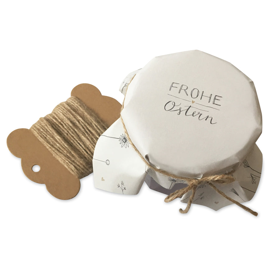25 Marmeladendeckchen - Frohe Ostern | Gläserdeckchen Weiß für Marmelade & Einmachgläser | Recyclingpapier Abreißblock + 10 m Jute Garn + Justiergummi