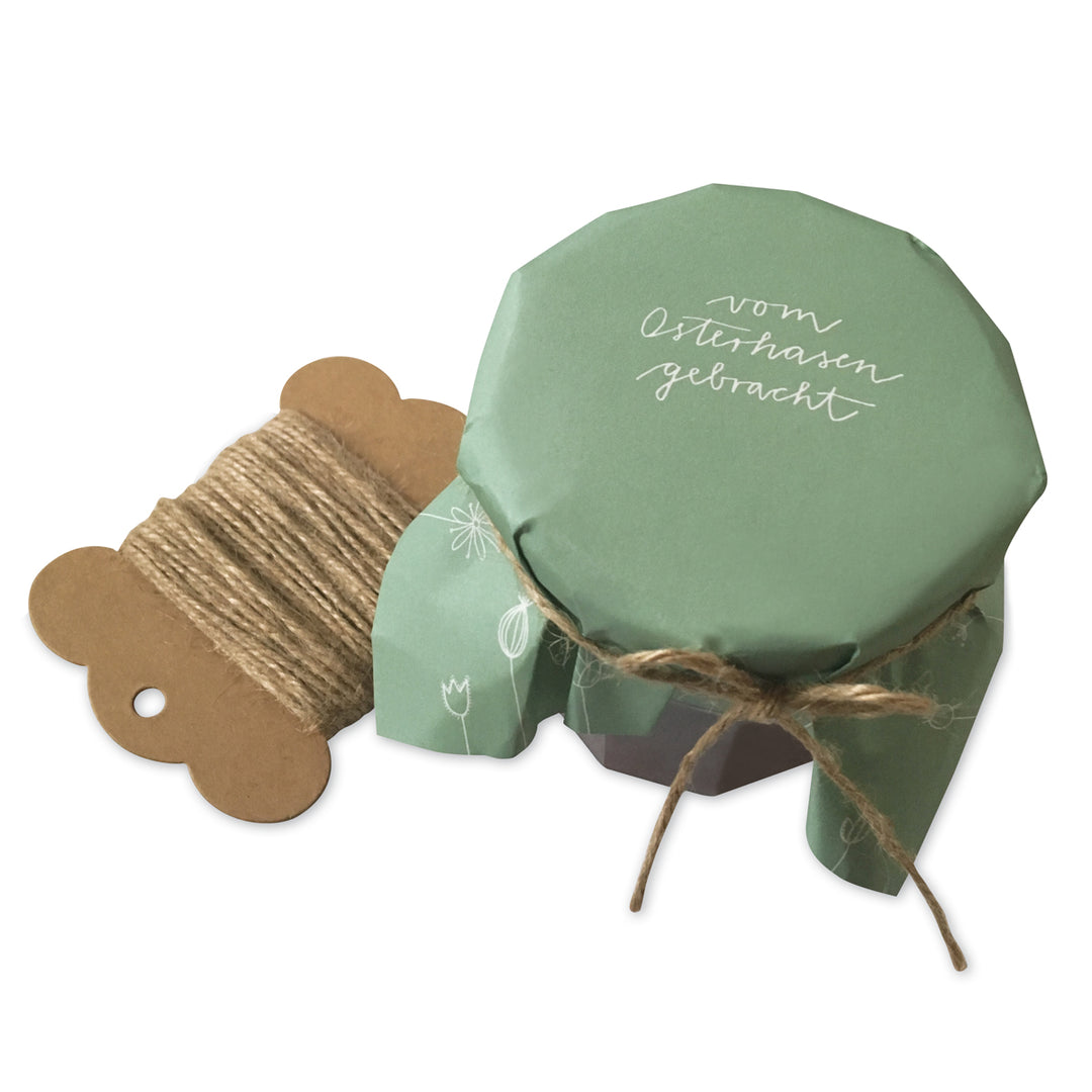 25 Marmeladendeckchen - vom Osterhasen gebracht | Gläserdeckchen grün weiß für Marmelade & Einmachgläser | Recyclingpapier Abreißblock + 10 m Jute Garn