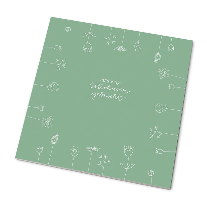 25 Marmeladendeckchen - vom Osterhasen gebracht | Gläserdeckchen grün weiß für Marmelade & Einmachgläser | Recyclingpapier Abreißblock + 10 m Jute Garn