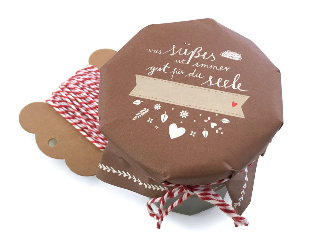 25 Marmeladendeckchen - Süßes für die Seele | Gläserdeckchen Braun Weiß für Marmelade & Einmachgläser | Recyclingpapier Abreißblock + 10 m Garn