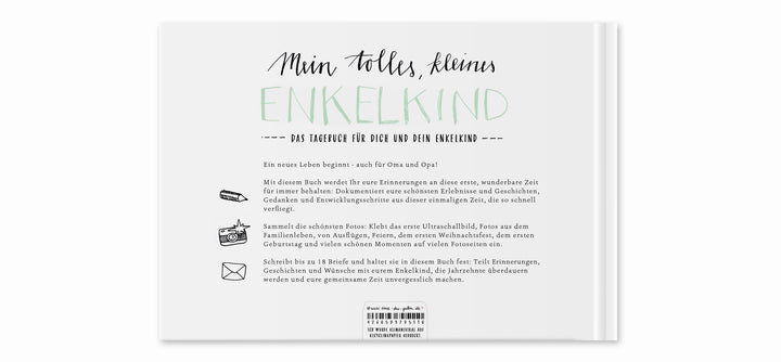 Enkelbuch - Mein tolles, kleines Enkelkind - A5 Babytagebuch und Erinnerungsalbum für Oma und Opa, Hardcover weiß mint, 60 S. Recyclingpapier