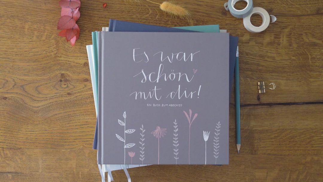 Abschiedsbuch für Kollegen, Lehrer, Freunde - Es war schön mit dir! - Abschiedsgeschenk, blau weiß orange, 92 blanko Seiten, Hardcover, 120g FSC Papier