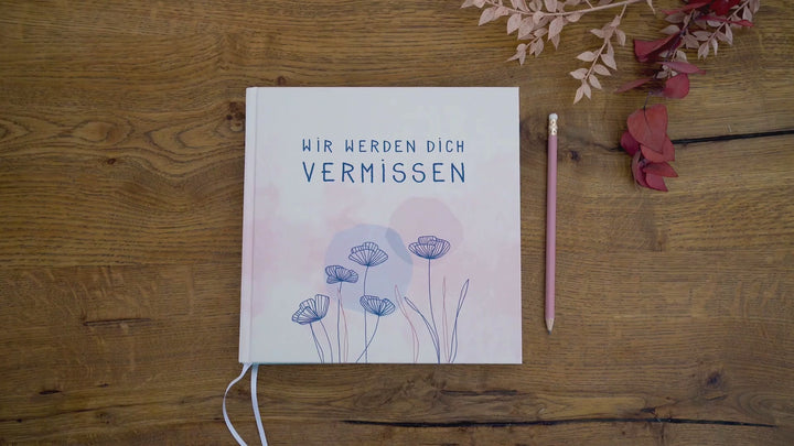 Abschiedsbuch für Kollegen, Freunde - wir werden dich vermissen - Abschiedsgeschenk, creme rosa blau, 92 blanko Seiten, Hardcover, 120g FSC Papier
