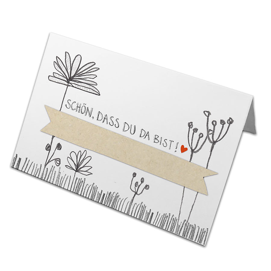 Tischkarten Schön, dass du da bist | Recyclingpapier Namenskarten, Tischdeko & Sitzordnung für Hochzeit | Vintage Handlettering Design mit Blumen, Weiß Beige Grau