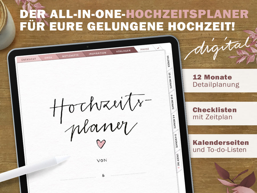 Hochzeitsplaner digital 2025 2026 | digitaler Wedding Planner im Hochformat | Zeitplan, Checklisten & Budgetplan | klar & strukturiert | weiß rosa