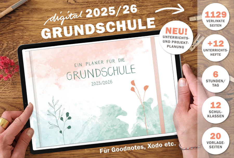 Grundschulplaner digital 2025 2026 | digitaler für Unterrichtsvorbereitung & Planung | Lehrerkalender im Querformat, Schuljahr 2025/26 | mint korall