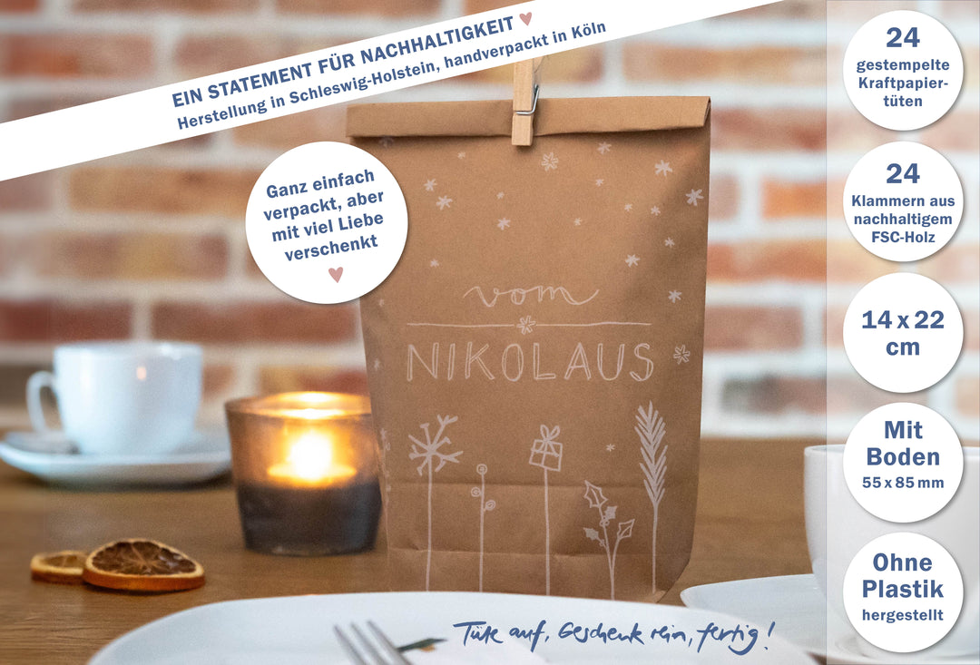 Infografik Nikolaustüten: 24 Geschenktüten aus Kraftpapier, 24 Holzklammern, 14 x 22 cm, Boden 5,2 x 8,5 cm