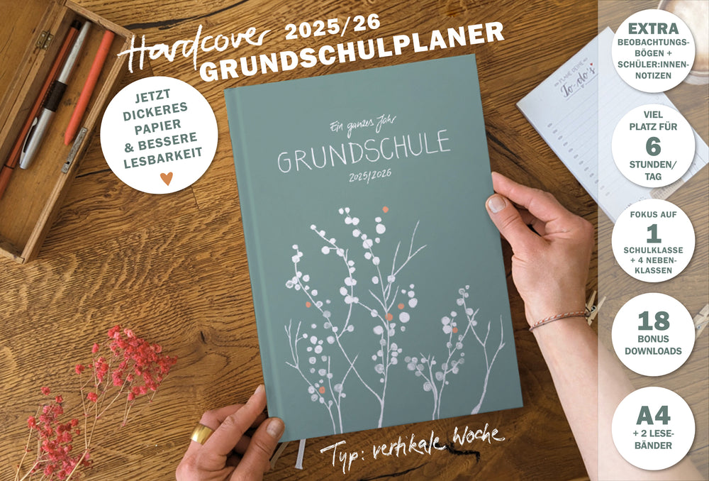 Lehrerkalender 2025 2026 | A4 Grundschulplaner für Unterrichtsvorbereitung & Schuljahr Planung | 1 Doppelseite pro Woche | klimaneutral, mint mit Blumen