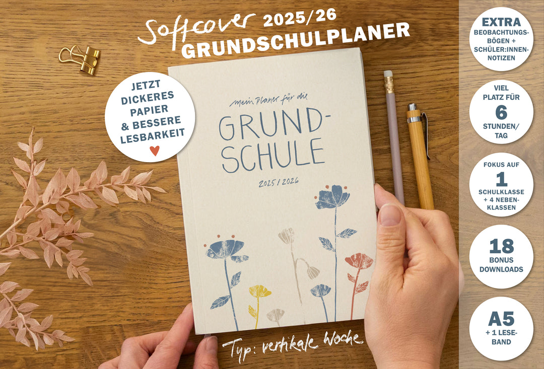 Lehrerkalender 2025 2026 | A5 Grundschulplaner Softcover für Schuljahr Planung | 1 Doppelseite pro Woche | klimaneutral, creme blau