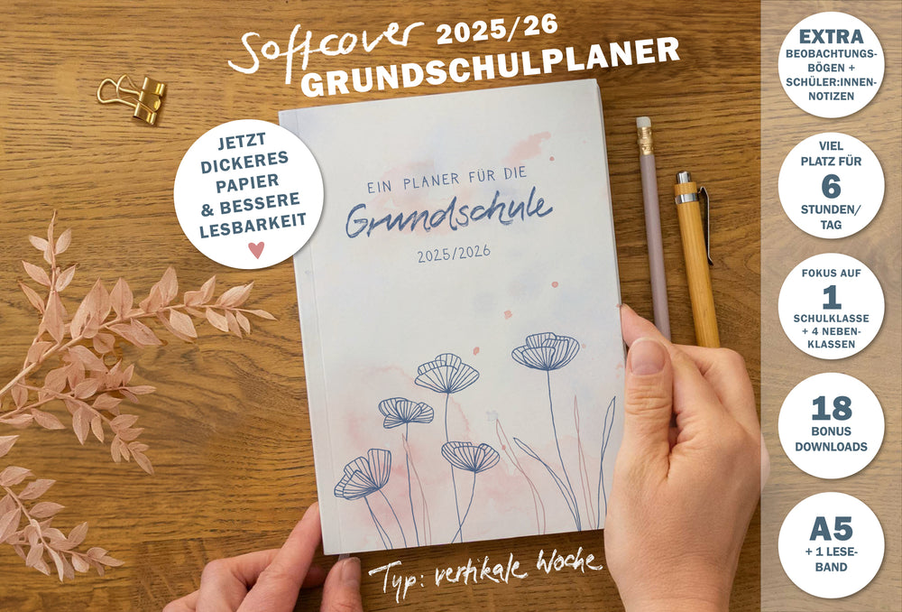 Lehrerkalender 2025 2026 | A5 Grundschulplaner Softcover für Schuljahr Planung | 1 Doppelseite pro Woche | klimaneutral, blau rosa