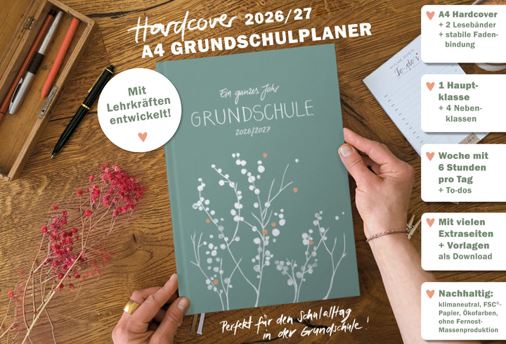 Lehrerkalender 2026 2027 | A4 Grundschulplaner für Unterrichtsvorbereitung & Schuljahr Planung | 1 Doppelseite pro Woche | klimaneutral, mint mit Blumen