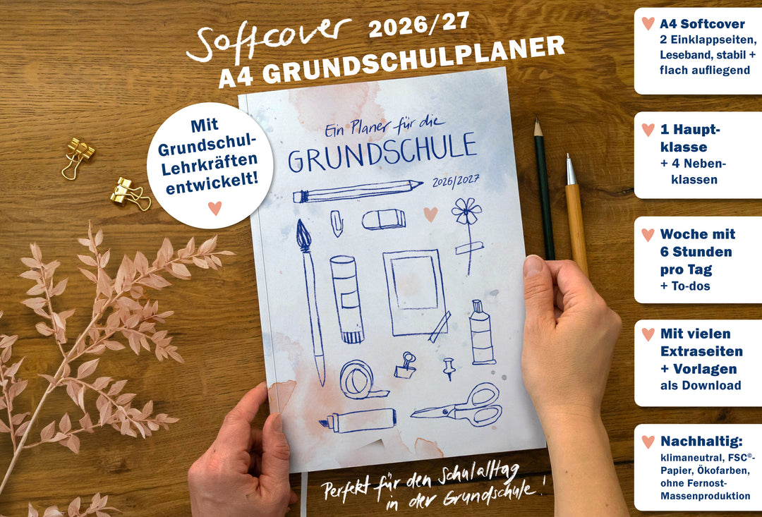 Nachhaltiger Lehrerkalender 2026/2027 A4 Grundschulplaner Softcover mit Aquarell Cover in Blau und Orange – klimaneutral gedruckt