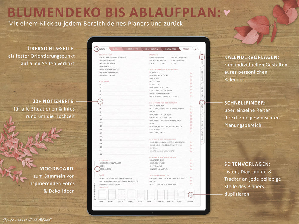 Hochzeitsplaner digital 2025 2026 | digitaler Wedding Planner im Hochformat | Zeitplan, Checklisten & Budgetplan | klar & strukturiert | weiß rosa