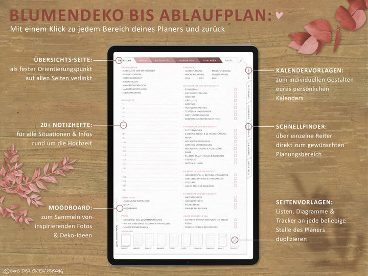 Hochzeitsplaner digital 2025 2026 | digitaler Wedding Planner im Hochformat | Zeitplan, Checklisten & Budgetplan | klar & strukturiert | weiß rosa