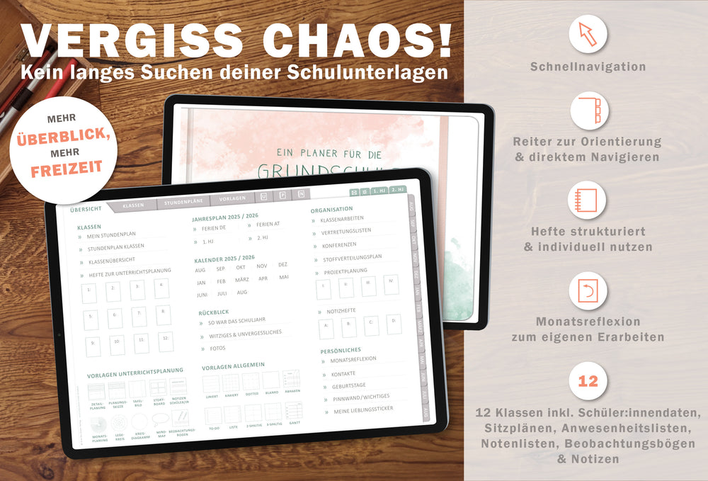 Grundschulplaner digital 2025 2026 | digitaler für Unterrichtsvorbereitung & Planung | Lehrerkalender im Querformat, Schuljahr 2025/26 | mint korall