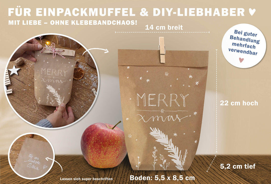 Weihnachtstüte Kraftpapier mit Apfel, Maße 14 cm breit, 22 cm hoch, 5,2 cm tief, Merry X-mas