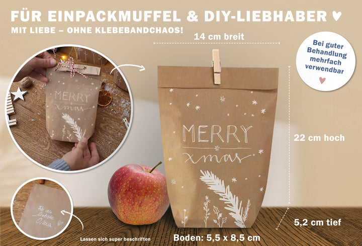 Weihnachtstüte Kraftpapier mit Apfel, Maße 14 cm breit, 22 cm hoch, 5,2 cm tief, Merry X-mas
