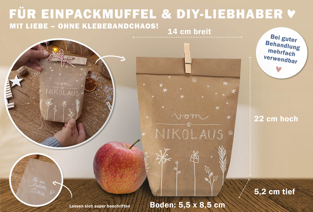 Maßgrafik Nikolaustüte vom Nikolaus: 14 cm breit, 22 cm hoch, 5,2 cm tief, Boden 5,2 x 8,5 cm, Kraftpapier