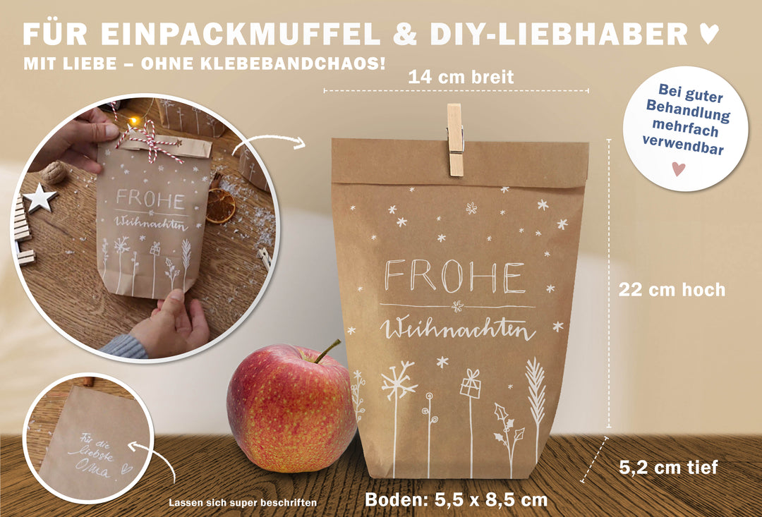 Weihnachtstüte Kraftpapier mit Apfel, Maße 14 cm breit, 22 cm hoch, 5,2 cm tief, Frohe Weihnachten