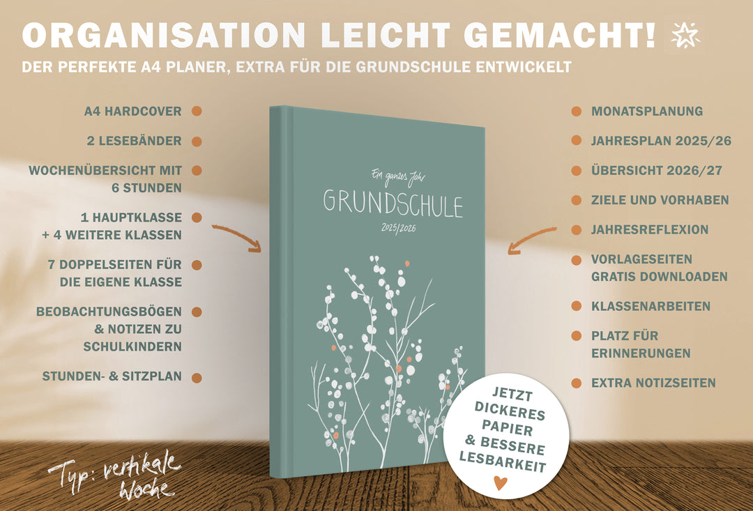 Lehrerkalender 2025 2026 | A4 Grundschulplaner für Unterrichtsvorbereitung & Schuljahr Planung | 1 Doppelseite pro Woche | klimaneutral, mint mit Blumen