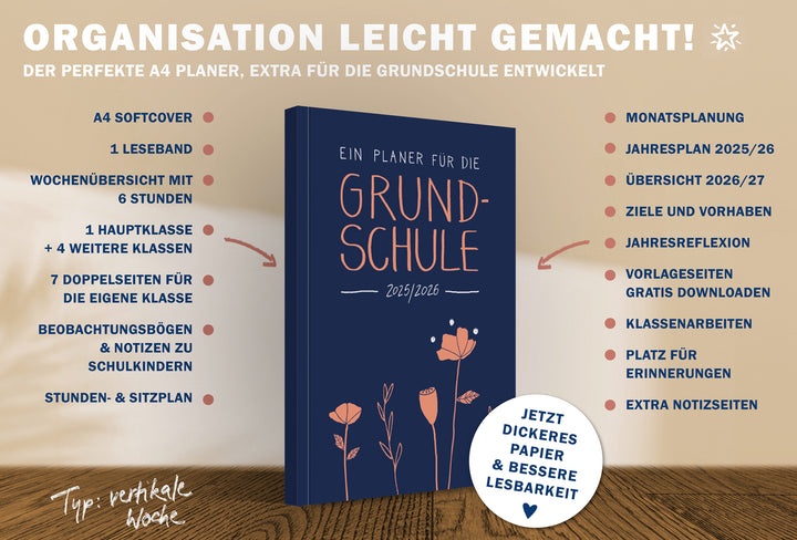 Lehrerkalender 2025 2026 | A4 Grundschulplaner Softcover für Schuljahr Planung | 1 Doppelseite pro Woche | klimaneutral, blau rosa