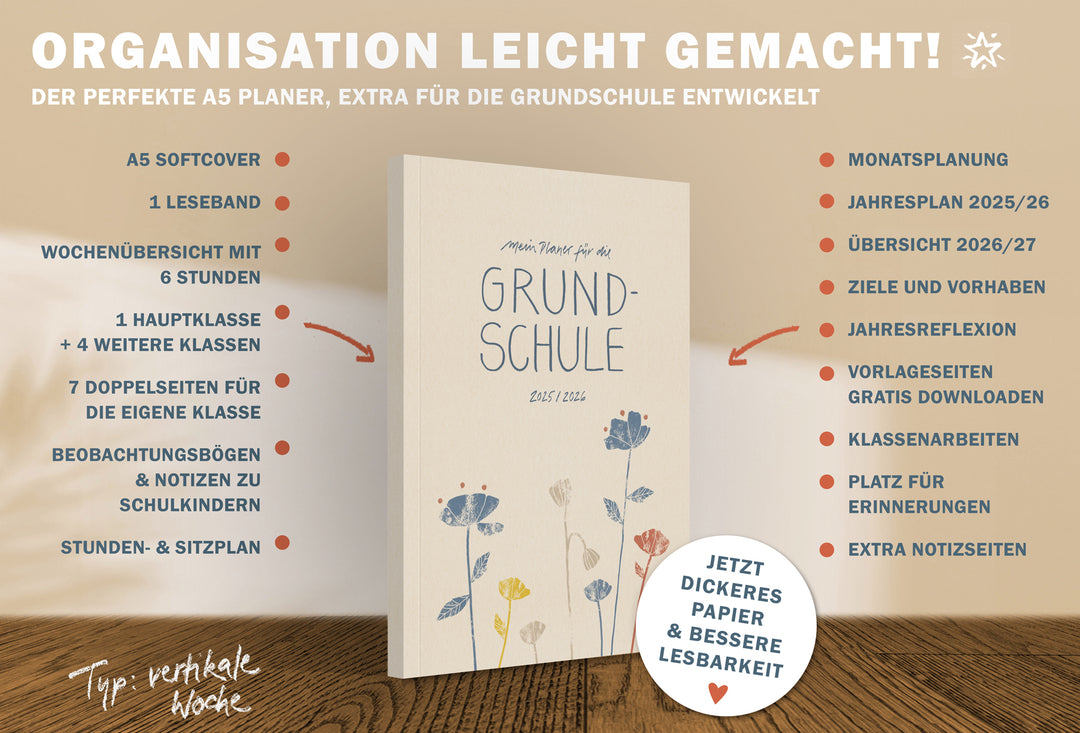 Lehrerkalender 2025 2026 | A5 Grundschulplaner Softcover für Schuljahr Planung | 1 Doppelseite pro Woche | klimaneutral, creme blau