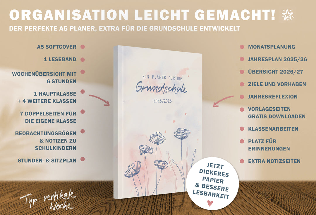 Lehrerkalender 2025 2026 | A5 Grundschulplaner Softcover für Schuljahr Planung | 1 Doppelseite pro Woche | klimaneutral, blau rosa