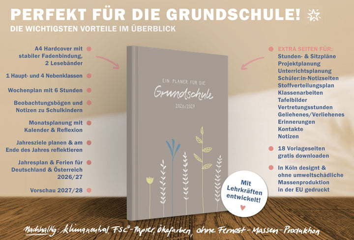 A4 Lehrerkalender Grundschule 2026/27 mit 6 Stunden/Tag, Beobachtungsbögen, Monatsplanung, Jahresübersicht, 18 Download-Vorlagen, FSC-Papier klimaneutral