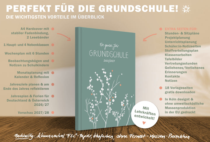 Lehrerkalender 2026 2027 | A4 Grundschulplaner für Unterrichtsvorbereitung & Schuljahr Planung | 1 Doppelseite pro Woche | klimaneutral, mint mit Blumen