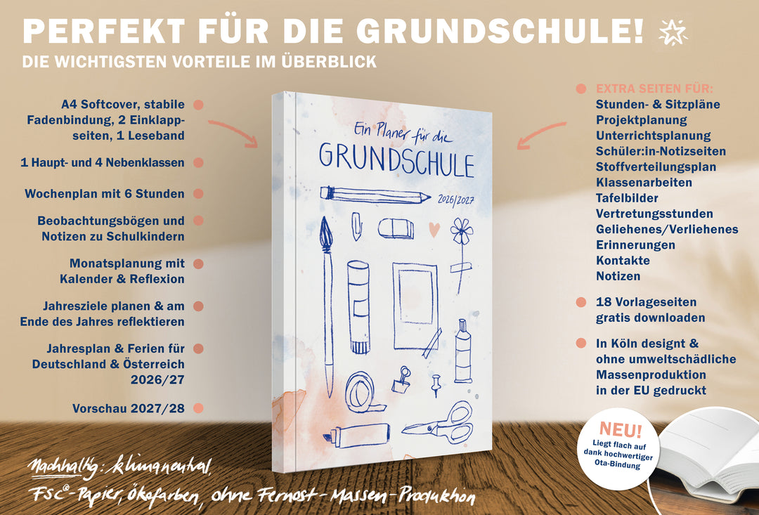 A4 Lehrerkalender Grundschule 2026/27 mit 6 Stunden/Tag, Beobachtungsbögen, Monatsplanung, Jahresübersicht, 18 Download-Vorlagen, FSC-Papier klimaneutral