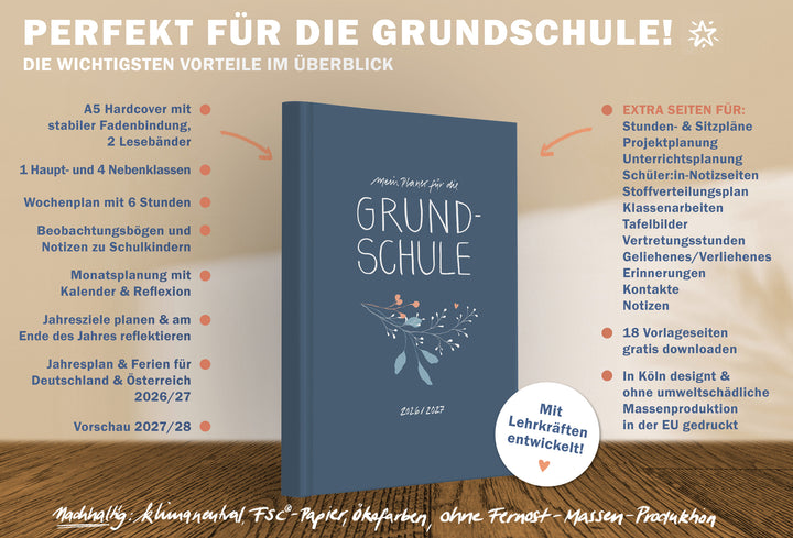 A5 Grundschul-Lehrerkalender 2026/27 mit 6 Stunden pro Tag, Beobachtungsbögen, Monatsplanung, Download-Vorlagen, 2 Lesebänchen