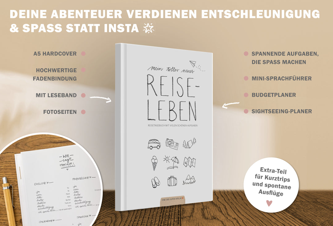 A5 Reisetagebuch mit Fadenbindung, Fotoseiten, Mini Sprachführer, Budgetplaner, Sightseeing Planer und Register