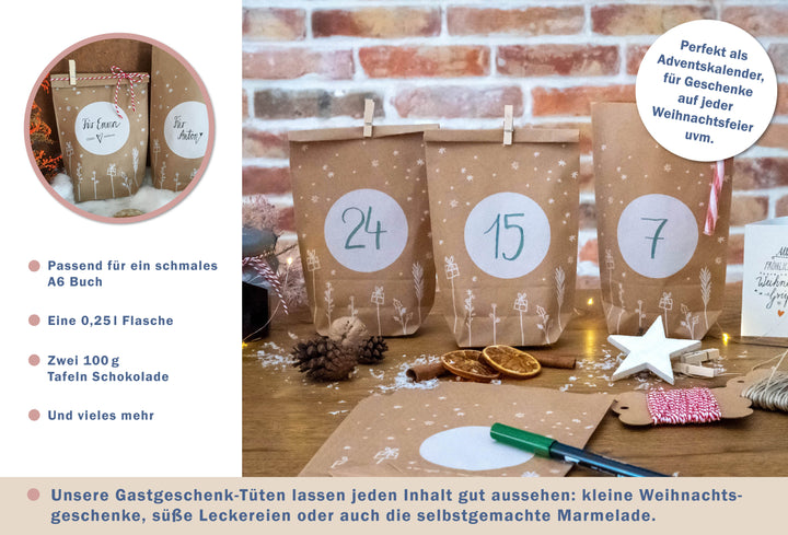 Beschriftete Adventstüten mit Zahlen und Namen, daneben Füllbeispiele: A6-Buch, 0,25-l-Flasche, zwei Tafeln Schokolade