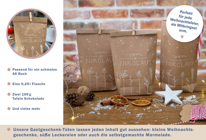 Nikolaustüten als Mitbringsel, befüllbar mit einem A6 Buch, einer 0,25 l Flasche oder zwei Tafeln Schokolade