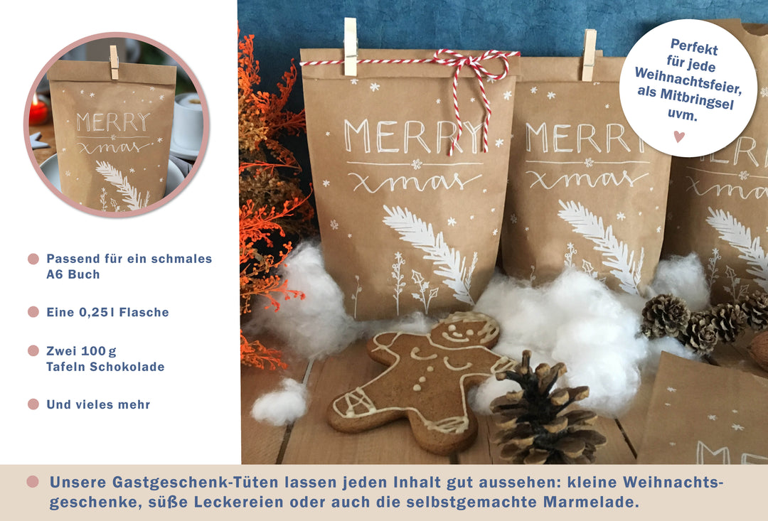 Drei Geschenktüten Weihnachten befüllt mit Kordel, Merry X-mas Motiv, Tannenzweig weiß auf Kraftpapier