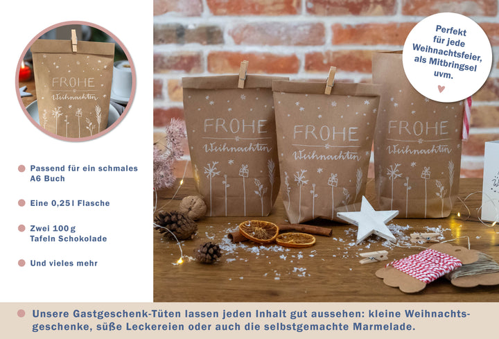 Drei Geschenktüten Weihnachten befüllt mit Kordel, Frohe Weihnachten Motiv, Sterne weiß auf Kraftpapier