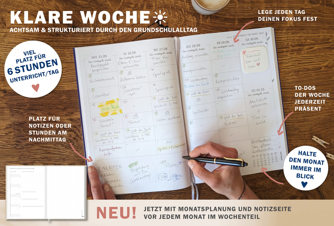 Lehrerkalender 2025 2026 | A4 Grundschulplaner Softcover für Schuljahr Planung | 1 Doppelseite pro Woche | klimaneutral, blau rosa