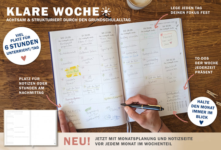 Lehrerkalender 2025 2026 | A4 Grundschulplaner Softcover für Schuljahr Planung | 1 Doppelseite pro Woche | klimaneutral, blau rosa
