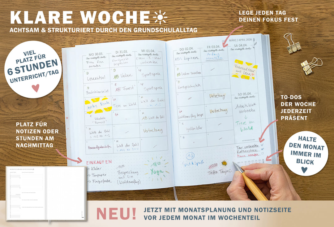 Lehrerkalender 2025 2026 | A5 Grundschulplaner Softcover für Schuljahr Planung | 1 Doppelseite pro Woche | klimaneutral, blau rosa