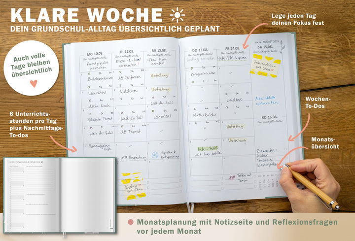 Lehrerkalender 2026 2027 | A4 Grundschulplaner für Unterrichtsvorbereitung & Schuljahr Planung | 1 Doppelseite pro Woche | klimaneutral, mint mit Blumen