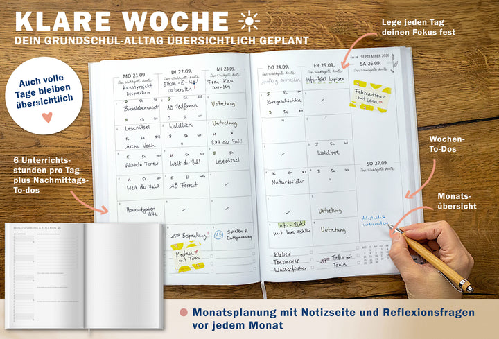 Wochen-Doppelseite im Grundschulplaner 2026/27 mit 6 Unterrichtsstunden, Nachmittags-To-dos, Fokusfeld und Monatsübersicht