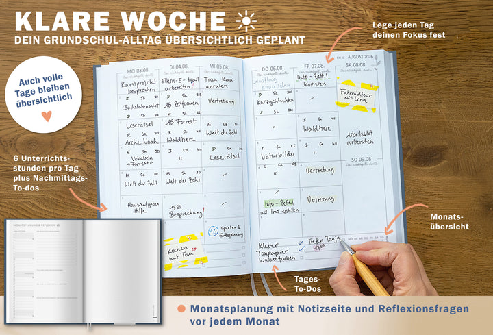 Wochen-Doppelseite im A5 Grundschulplaner 2026/27 mit 6 Unterrichtsstunden, Nachmittags-To-dos und Fokusfeld